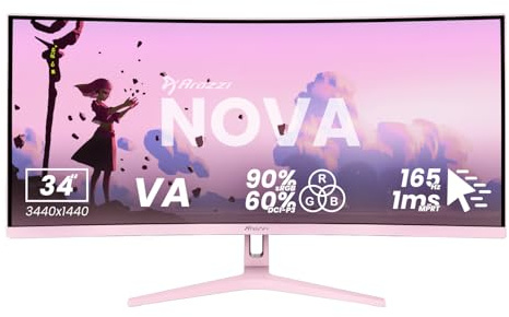 Arozzi Nova 34 Monitor Gaming Curvo VA UWQHD 3440×1440, 165 Hz, 1 ms, FreeSync, HDR, Ultrapanorámico, Altavoces Integrados – Rosa