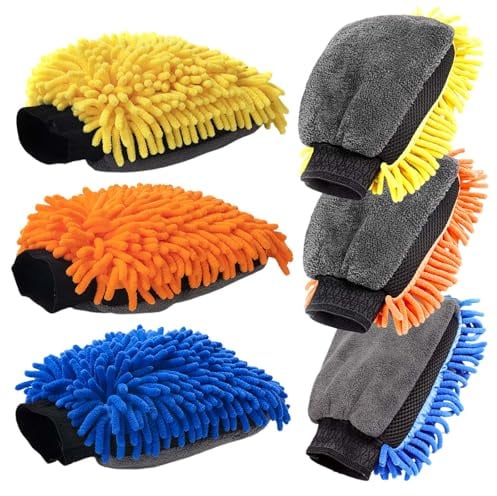 Luxvara 3 Stücke Mikrofase Auto-Waschhandschuh, Wasserdicht Hochwertig Mikrofaser Waschhandschuh Weiche Chenille Autoschwamm Saugstark Weich für Autopflege und Fensterreinigung