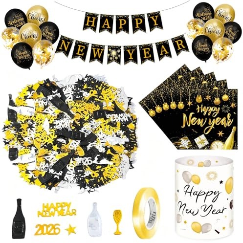 20 Stück Servietten Silvester+ 12 Windlicht Tischdeko + 1 Flagge + 15 g Geschreddertes Papier + 14 Luftballons, Silvester Deko 2026, Happy New Year Deko, Silvesterdeko Party Set