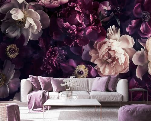 Celestdeco Black Peony Floral Wallpaper, Dark Purple Flower Wall Mural, Green Leaves Mural Wallpaper, Elegant Botanical Wallcovering for Living Room, Bedroom - 141x96 (Not Peel n' Stick)