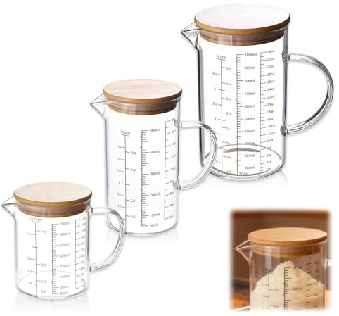 Lot de 3 verres doseurs en verre borosilicate résistant à la chaleur - 350 ml, 500 ml, 1000 ml - Verre doseur précis avec bec verseur - Avec couvercle en bambou - Idéal pour la cuisson, la pâtisserie