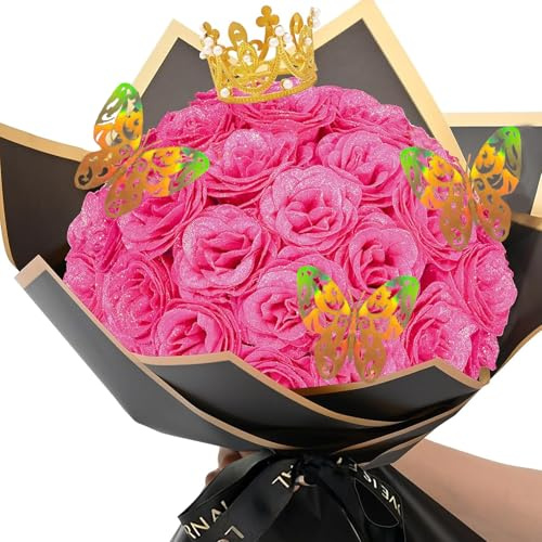 ZYEKIU 24 Pezzi Fiori Finti mazzo di rose Bouquet Fai da Te Bouquet di rose glitterate artificiali di fiori stabilizzati Con Corona, per Regali di Matrimonio, Anniversario, Fidanzamento(Rosa)