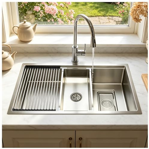 Fregadero de 90 x 50 cm, acero inoxidable 304, 1 seno, gran fregadero de cocina, sifón con conjunto de rebosadero, fregadero de cocina empotrable, incluye tabla de cortar, rejilla de goteo rectangular