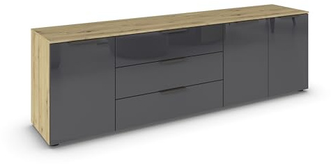 Rauch Möbel Flipp, Kommode, Farbe Glas Basalt/Eiche Artisan, Breite 199 cm | Sideboard, 3-türig, 3 Schubladen, Glasfront, Soft-Close-Funktion, für Schlafzimmer, Gästezimmer, Wohnzimmer, Garderobe, Flur