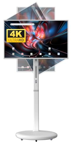 KVKID 32 Inch UHD 4K Portable Smart TV on Wheels, 8GB + 128GB Storage, Android 15 OS, Rolling TV with Rotatable Touch Screen, Camera and Stand, Full Swivel Rotation, Voice Remote for Home, Outdoors