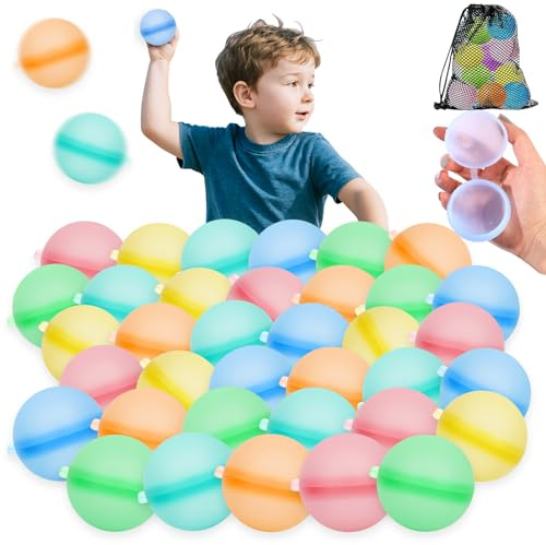 SaiXuan Globos de Agua Reutilizables 36 Piezas, Bolas de Agua de Silicona 5 cm con Cierre de Clip, Juegos de Agua para Niños, Piscina, Playa, Jardín y Fiesta de Verano