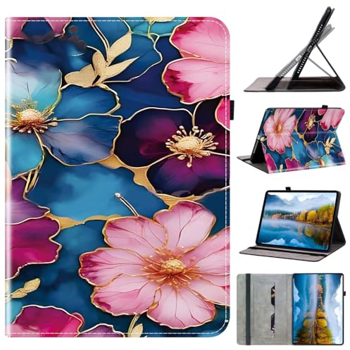 PU Cuir Etui Pochette pour iPad Mini 1 Tablette Etui Housse Couverture en Cuir Flip Stand Case Cover Coque étui Exquise Housse Imprimé, Fleurs Bleues et Roses bordées d'or