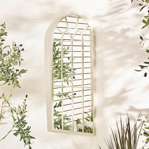 Furniturebox UK Outdoor Accessories, Somerset Cream Large Arched Window Garden Wall Mirror 90x60cm, Painted Iron Frame, PVC Backing & Keyhole Hanging, Modern Arch Japandi Style