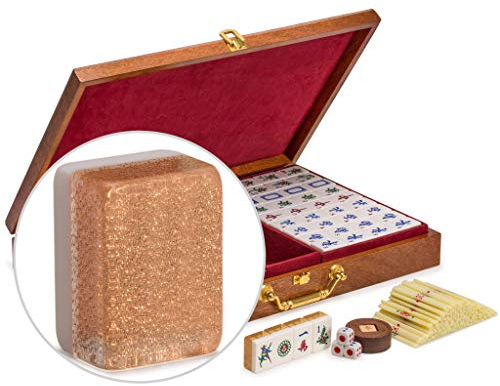 Yellow Mountain Imports Ensemble Classique de Jeu de Mahjong Chinois, Or Champagne - avec 148 tuiles de Taille Moyenne et Un étui en Bois - pour Jouer au Style Chinois
