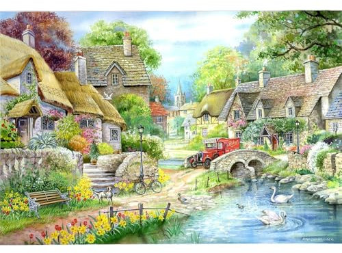 The House of Puzzles - River Cottage Jigsaw - Big 250 Piece Jigsaws For Adults & Kids, Extra Large Pieces, Artist Illustrated, Scenic Landscape, Deluxe Puzzle Gifts