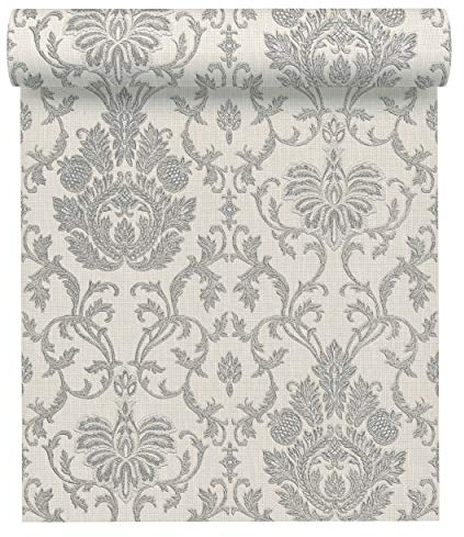 A.S. Création 3390-10 Belle Epoque Papier peint texturé avec ornements baroque Gris métallisé Blanc 10,05 m x 0,53 m