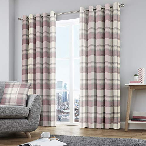 Fusion - Rideaux Tartan Rose Blush 168 x 229 cm - 100% Coton - 2 Panneaux à Carreaux - Œillets Rose/Gris à Motif Écossais - Pour Salon et Chambre à Coucher