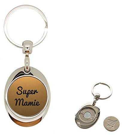 Porte clé en Métal or brossé avec jeton aimanté gravé super mamie