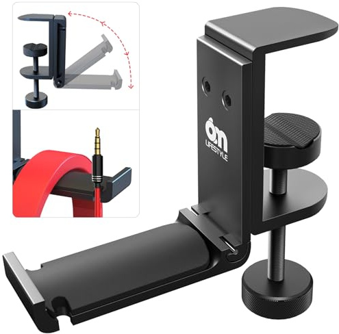6amLifestyle [Newest Version] Foldable Headphone Stand Hanger Under Desk Clamp with Cable Organizer Save Space Metal Headphone Headset Holder for Universal Headphones PS4 PC Headsets, 6A-1203BK