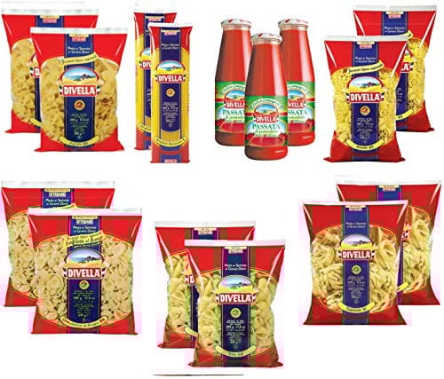 DIVELLA BOX FAMIGLIA KIT 12 CONFEZIONI DI PASTA DA 500gr (FARFALLE, ORECCHIETTE, TAGLIATELLE, ROTELLE, SPAGHETTI RISTORANTE, TOFE) + 3 BOTTIGLIE DI PASSATA DI POMODORO DA 640gr