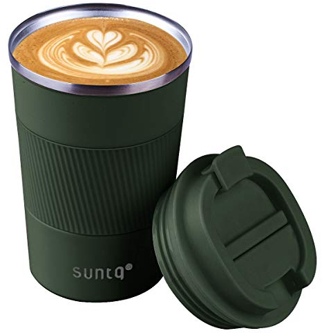 SUNTQ Reusable Coffee Cups Travel - Coffee Travel Mug with Leakproof Lid - Thermal Mug Insulated Cup - Stainless Steel Travel Cup with Rubber Grip - for Hot and Cold Drinks, 13oz/380ml, Green