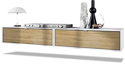 Vladon 2er-Set TV Board Lana 100, Made in Germany, Lowboards je 100 x 29 x 37 cm mit viel Stauraum, Korpus in Weiß matt, Fronten in Eiche Natur | Große Farbauswahl