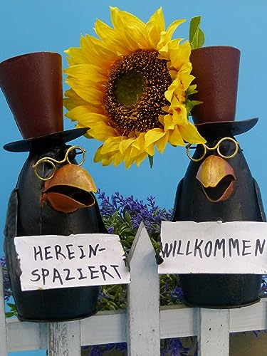 Pommerntraum ® | Zaunfigur Zaunhocker Pfostenhocker Dekofigur Gartendekoration Rabe Vogel Vögel mit Schild Willkommen und Hereinspaziert (Rabe 3 + 4 - SETPREIS)