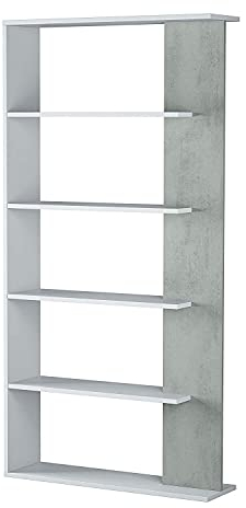 Dmora - Columbia Bücherregal, doppelseitiges Bücherregal mit 5 Regalen, Trennregal für Büro oder Schlafzimmer, 90 x 25 x 180 cm, Weiß und Zement