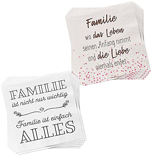 Servietten 40er Set │ 2 Motive Sprüche Familie │ 3lagige Papierserviette 33x33cm │stoffähnlich Tuch Partyzubehör (40er Set Serviette Familie)