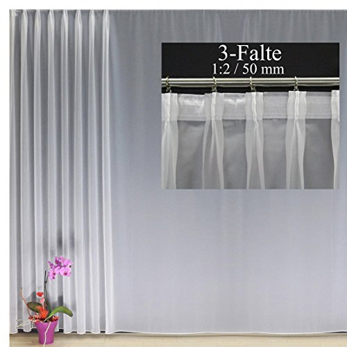 EASYHomefashion Hochwertige Fertiggardine Voile Store Deko Schal mit Faltenband Bleiband 3-Falten-KRÄUSELBAND 1:2/50 mm (größe wählbar), 250 x 1000 cm (Höhe x Breite)