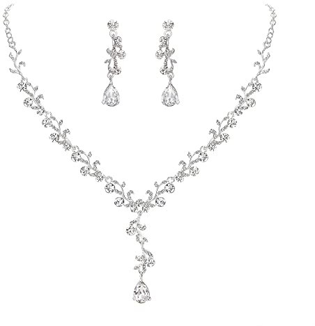 Clearine Halskette Ohrringe Set Hochzeit Braut Blatt Kristall schmuck-Set Klar Silber-Ton