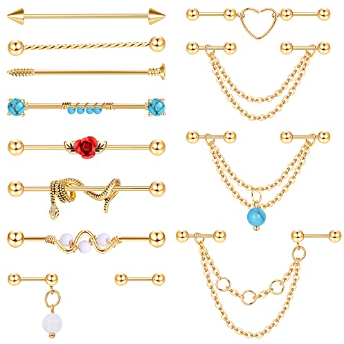 Adramata 13 Stück Industrial Ohrringe 14G 16G Chirurgenstahl Piercing Schmuck für Damen und Herren - Gold und Silber - Helix und Schlange