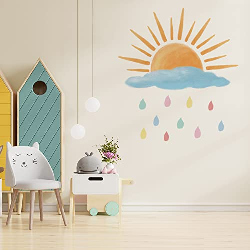 astrkiz 95 x 65 cm Wandtattoo Sonne Selbstklebend Wandaufkleber Boho sonne aufkleber groß Wandsticker Sonne Wandtattoo für Kinder Mädchen Junge Kinderzimmer Babyzimmer, Halbsonne & Wolken