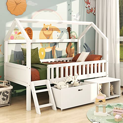 SOFTWEARY Kinderbett mit Lattenrost, Leiter und Stauraum, 90x200 cm, Hausbett mit Rausfallschutz, Holzbett aus Kiefer, Einzelbett, Jugendbett, Stauraumbett