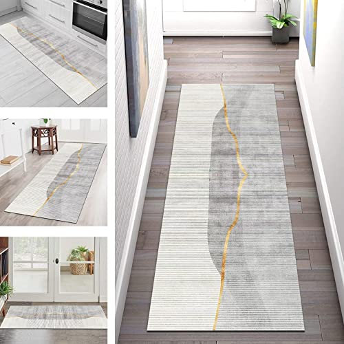Teppich Läufer Flur Küche rutschfest Waschbar Teppichläufer Lang Matte 110X300CM Küchenläufer Küchenteppich Meterware, Hellgrau Abstrakt 3D Korridor Tepiche Schlafzimmer Esszimmer Breite 40-120cm