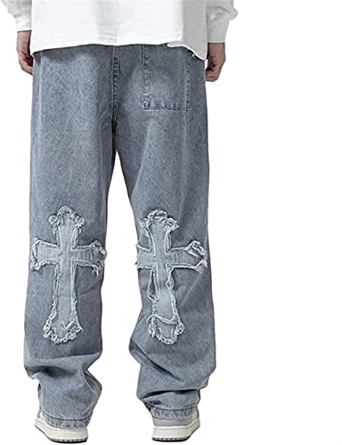 Sawmew Herren Hip Hop Baggy Jeans Fashion Print Loose Fit Wide Leg Y2k Harajuku Denim Pants (Color : Blue, Size : XXL)