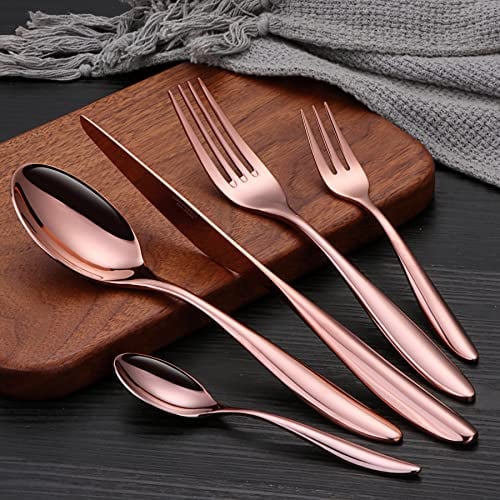 DAFFODILY® Luxury Cutlery Set, 18/10 Stainless Steel, Mirror Finish Kitchen Cutlery Sets, Dishwasher Safe, Ideal for New Home Gifts, Flatware Silverware Set (L'océan Rose Gold 20 Pices)