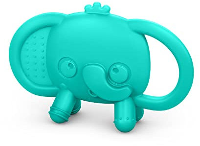 Bright Starts, Mordedor de silicona con asas Tame Your Tusks, elefante fcil de agarrar, color azul, unisex, a partir de 3 meses