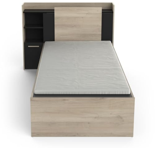 Demeyere Lit 90x190/200 Avec Rangement 1 Porte 3 Niches 1 tiroir – Noir Mat und Chêne Clair -124,5 x 226,9 x 90,5 cm, Eichenbürste/Mattschwarz, Eichenbürste/Mattschwarz
