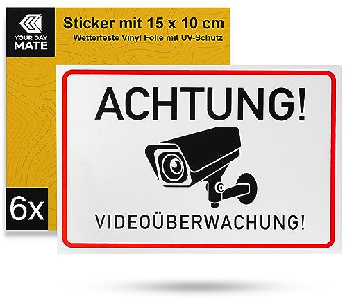 Aufkleber Set Achtung! Videoüberwachung!, 6 Stück, 15 x 10 cm, selbstklebende Folie, Warnhinweis Sticker für Innen- und Außenbereich, Video Überwachung Klebesticker, Kamera Hinweisschild zum Kleben