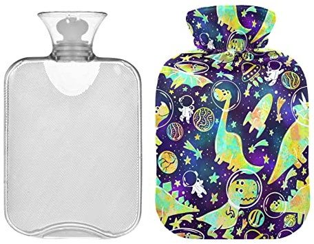 Dinosaurs Astronauts Rockets Planets Hot Water Bottle with Cover 1L Hot Water Bag Hot/Cold Compress Neck and Shoulder Pain Relief