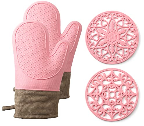 Domonic Home Lot de 4 gants de cuisine et maniques en silicone résistants à la chaleur jusqu'à 200 °C, doublure douce, bonne prise en main, gants de cuisine et dessous de plat, rose