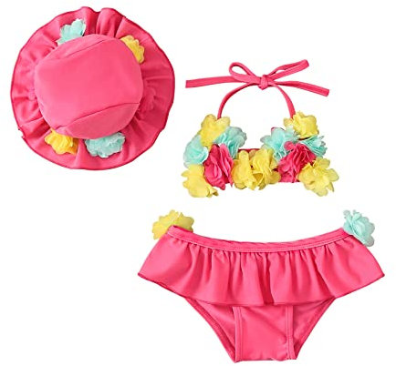 Geagodelia Costume da Bagno 3 Pezzi Neonata Estivo Top Bikini a Fiori+Slip+Cuffia di Protezione Solare Completo Bikini Bambina Mare Spiaggia (Rosa, 0-6 Months)