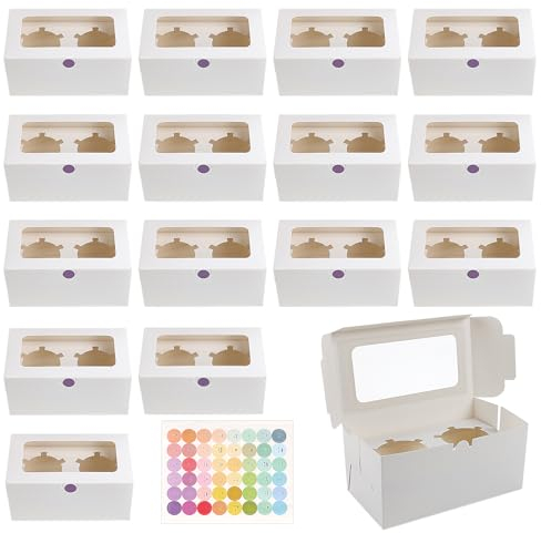 JETOP 16 Packs White Cupcake Boxes With 2 Holes [+48 Stickers], Cake Boxes With Window and Inserts for Muffins or Cookies
