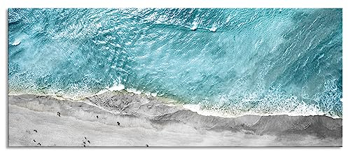 Pixxprint Glasbild Panorama, Wandbild aus Echtglas, Luftaufnahme von türkisem Meer am Strand B&W Detail, 120x50 cm, inkl. Aufhängung und Abstandshalter