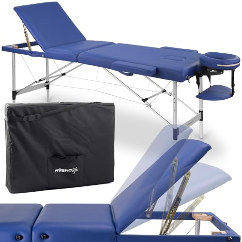 HABYS Adele Massageliege | Klappbar Aluminium 3 Zonen | Massagetisch mit Vollausstattung | 185 x 60 x 80 cm, bis 250 kg | Armlehnen, Kopfstütze, Tragetasche, MDR-Zertifiziert | Blau