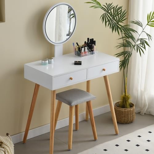 Ezigoo Dressing Table with Led Lights Mirror, Vanity Desk with 2 Drawers and Cushioned Stool, 80cm Wide Makeup Desk, Modern Bedroom Dresser, White