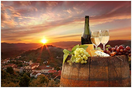 Wallario Poster - Wein Romantik - Weißwein mit Käse auf einem Fass in Premiumqualität, Größe: 61 x 91,5 cm (Maxiposter)