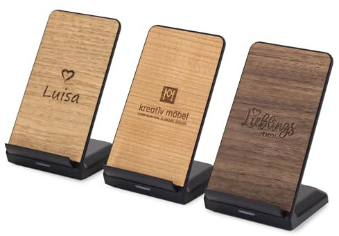 STREIFHOLZ Wireless Charger Stand personalisiert aus Holz mit Gravur, verschiedene Motive, Namen, Logo