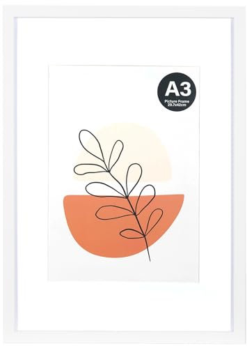 KAIWIN Bilderrahmen Weiß A3-mit Passepartout 21x30 cm (A4), Fotorahmen mit Acrylglas zum aufhängen, Für Fotos, Poster, Puzzles| Posterrahmen