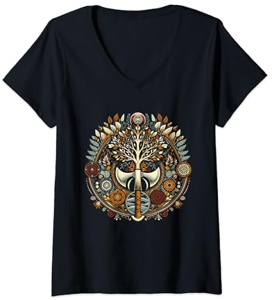 Damen Slawische Geister Weltbaum & Peruns Axt T-Shirt mit V-Ausschnitt