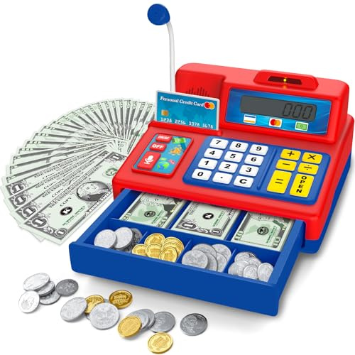 Bstoyder Calculator Cash Register Toy Gift for Kids Age 3, 4, 5, 6, 7, 8+ Year Old, 103 Pcs Grocery Store Playset with Microphone, Credit Card, Cash Register for Toddlers Kids 4-8