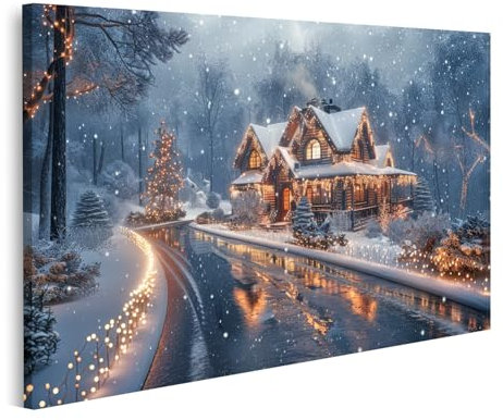 islandburner Bild auf Leinwand Verschneiter Winterabend beleuchtetes Ziegelhaus mit Weihnachtslichtern im Schnee Bilder Wandbilder Poster