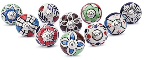 Ajuny Set of 10 Ceramic Knobs Multicolor Kitchen Cabinet and Drawer pulls for Cupboard Furniture Bathroom Dresser Hand Painted Decorative Glossy Finishing Handles Knob