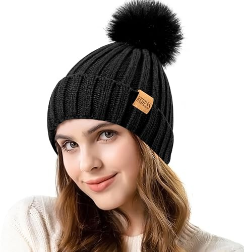REDESS Damen Winter gestrickt Beanie Mütze Warm Fleece gefüttert mit Bommel Mütze Dick Slouchy Schnee Stricken Skull Ski Cap